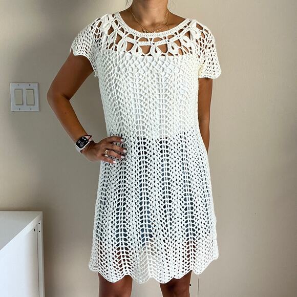 Mumu Mellow Crochet The Day Away Beige Cream Short Sleeve Dress Coverup Size M - Picture 8 of 11